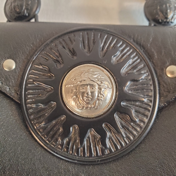 Vintage Gianni Versace Mini Belt Bag Black Stud Italy Medusa Sunburst Leather - Picture 3 of 11